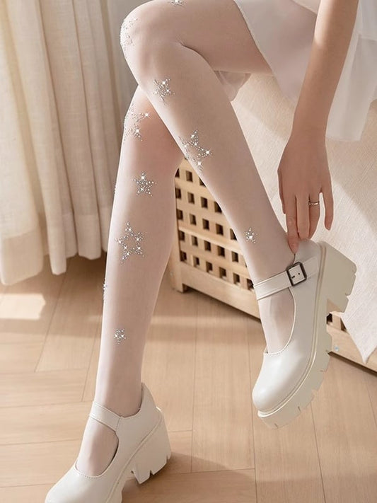 White Y2K Star Rhinestone Tights