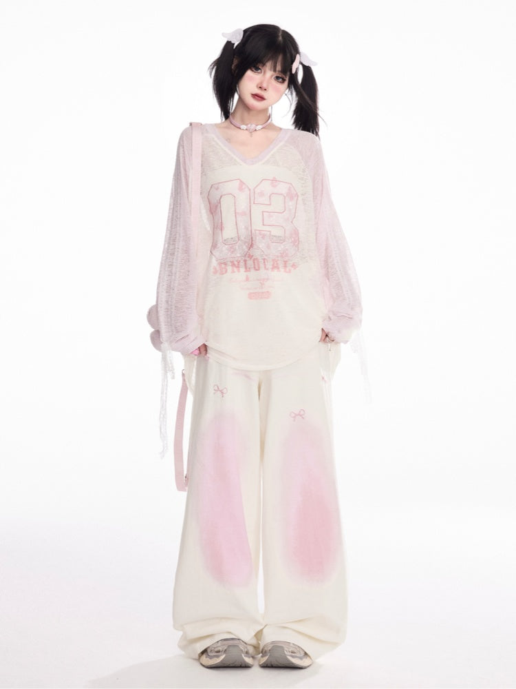 and Pink Ombre Low Apricot Bowknots Print Wide-Leg Pants Waist