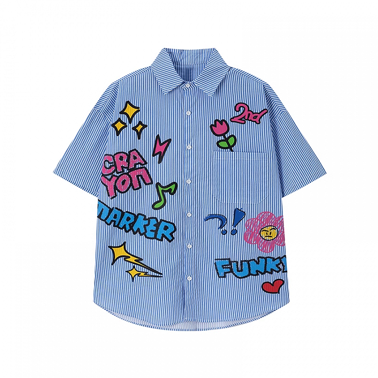 ヴィンテージ刺繍ブルーストライプシャツ 半袖