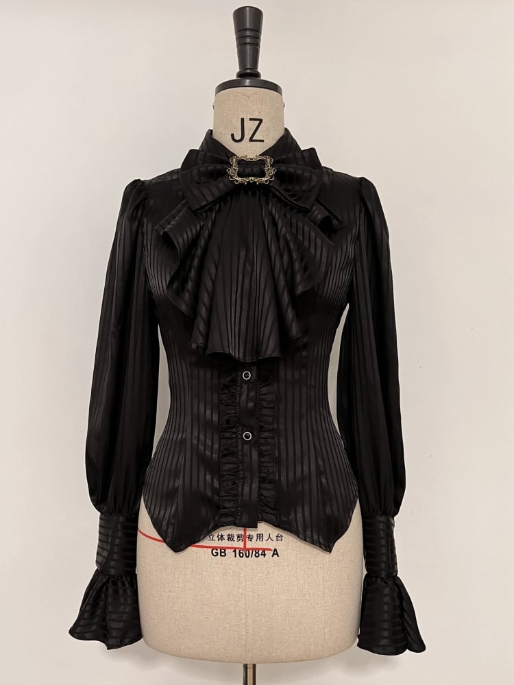 Black Ouji Lolita Long Sleeves Shirt with Jabot Bowtie