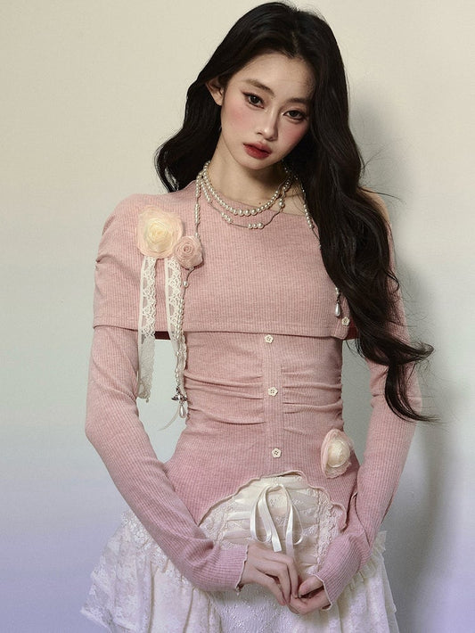 Pink Floral Asymmetrical Neckline Knit Long Sleeves Top