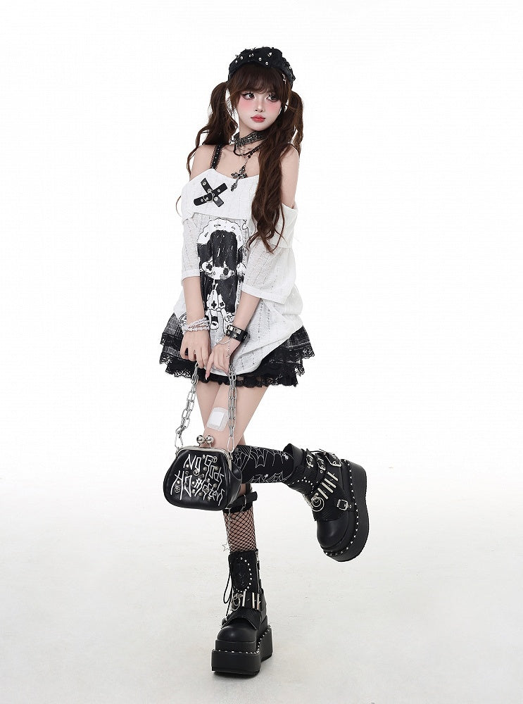 Neckline Girl Print T-Shirt Cartoon Gray/White Off-the-shoulder Criss-cross Design
