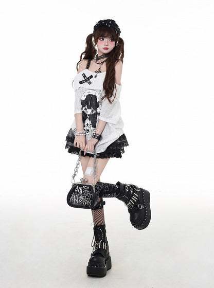 Neckline Girl Print T-Shirt Cartoon Gray/White Off-the-shoulder Criss-cross Design