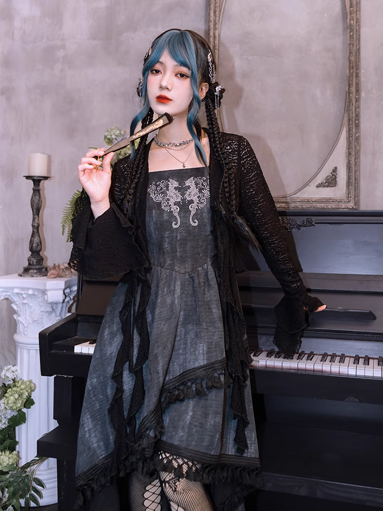 Cardigan Asymmetrical Hollow-out Hem Bell Ruffled Black Lace Sleeves