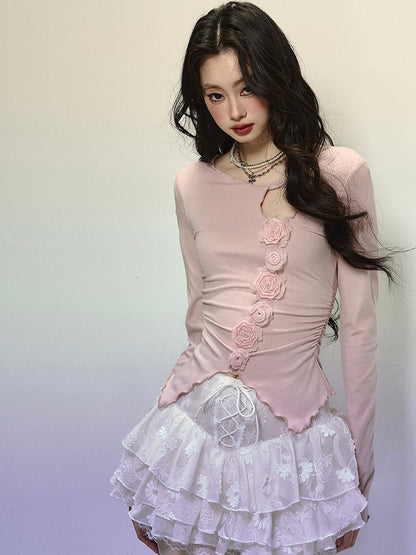 Pinkes Slim-Fit-Top mit Cut-Outs und Blumenmuster