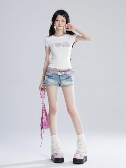 Low Blue Glamorous Y2K Denim Shorts Waist Faded Wash Raw Hem