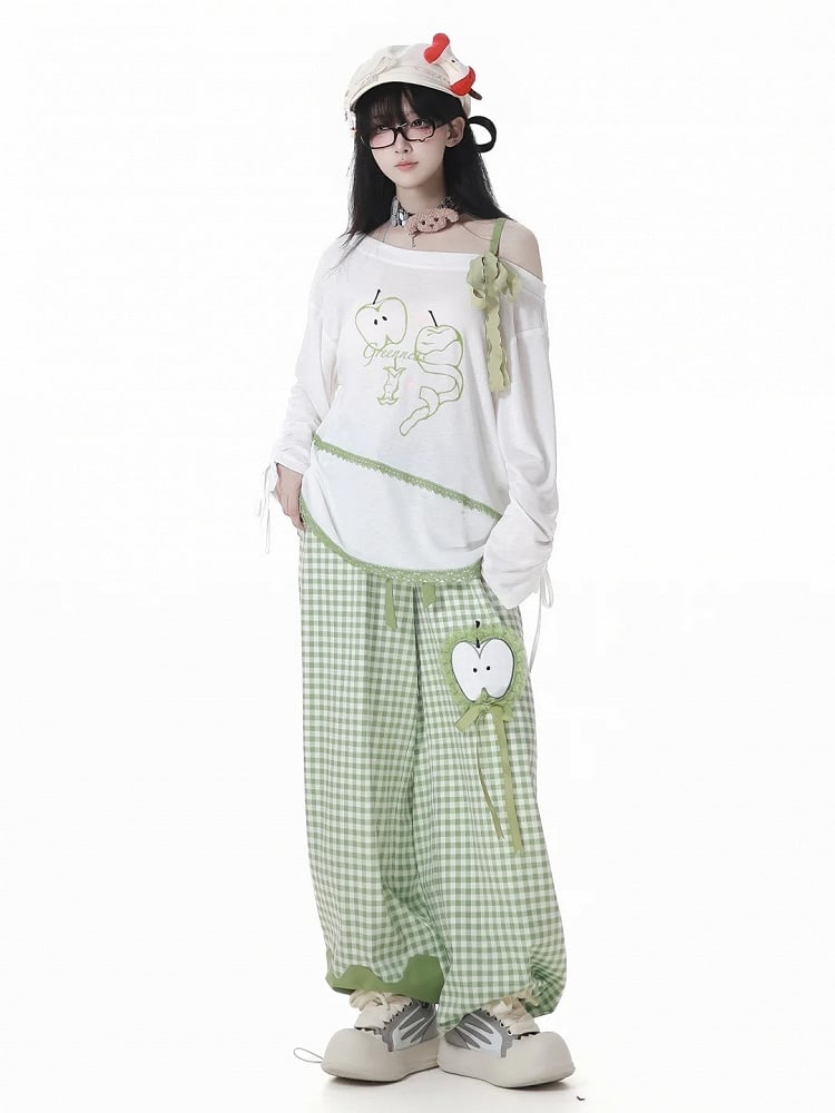 Green Plaid Pattern Apple Embroidery Drawstring Cuffs Belt Casual Pants with Self-tie