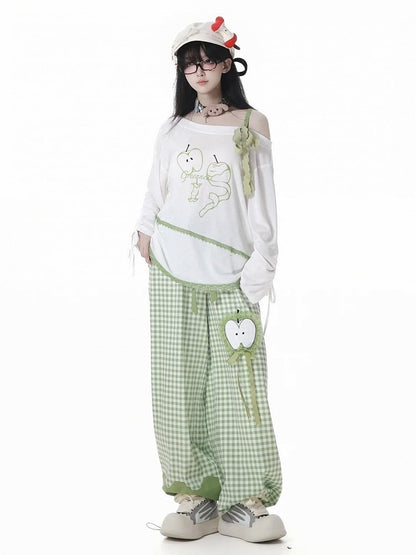 Green Plaid Pattern Apple Embroidery Drawstring Cuffs Belt Casual Pants with Self-tie