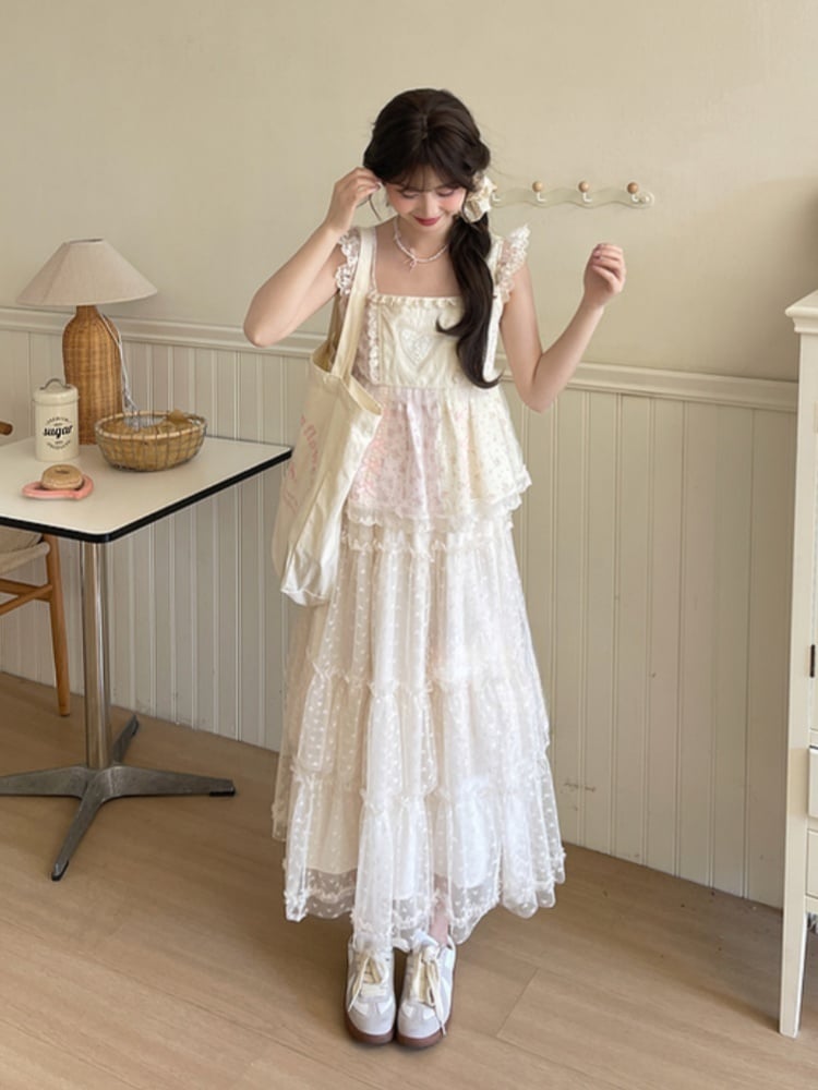 Apricot Elastic Waist Heart Pattern Mesh Tiered Skirt
