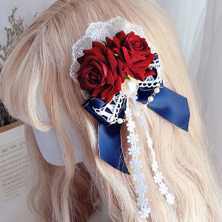 RedBlue White Snow Rosette Charm Hairclip Vibes Bowknot Beaded Design
