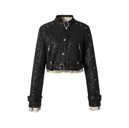 Buckle and Studs Black Reversible Leopard Shaggy Jacket