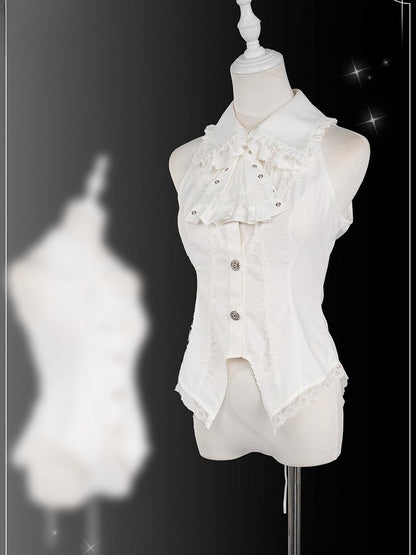 Schwarz-weißes Prince Ouji Lolita-Outfit – weißes ärmelloses Hemd + schwarzes kurzes Top + Blommer-Shorts mit hoher Taille, komplettes Set