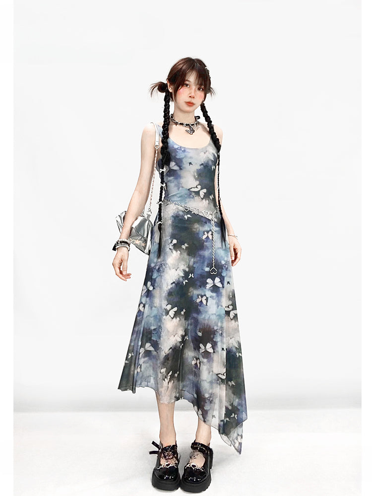 Robe moulante vintage Y2K à imprimé papillon bleu et peinture à l'huile
