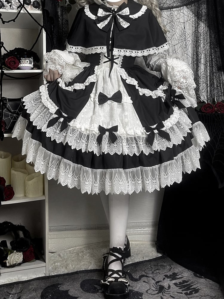 Black and White Old School Lolita Fashion Dress Bowknot Lolita JSK Set