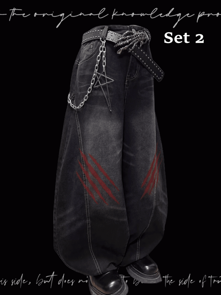 Faded Scratch Print Distressed Punk Wide-Leg Jeans Wash Black