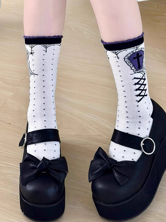 Polka-dot White Pattern Lolita Socks Gothic Calf Purple Cross Print Dark Coffin