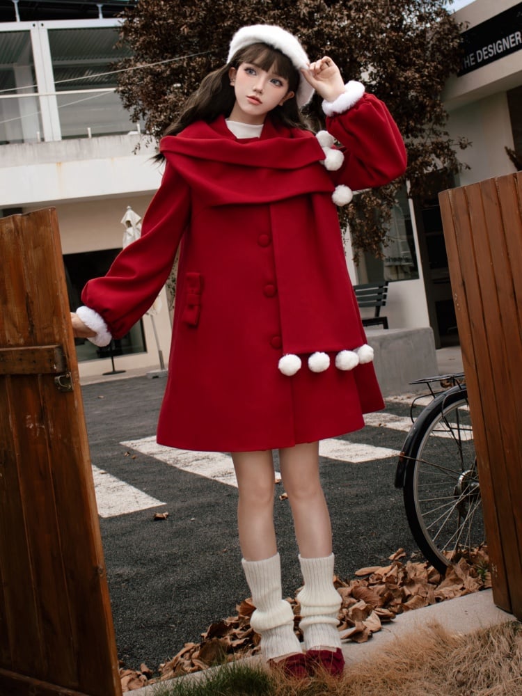 Pompoms Scarf Collar Red  New Year Outfit Woolen Coat Plush Trim Cuffs