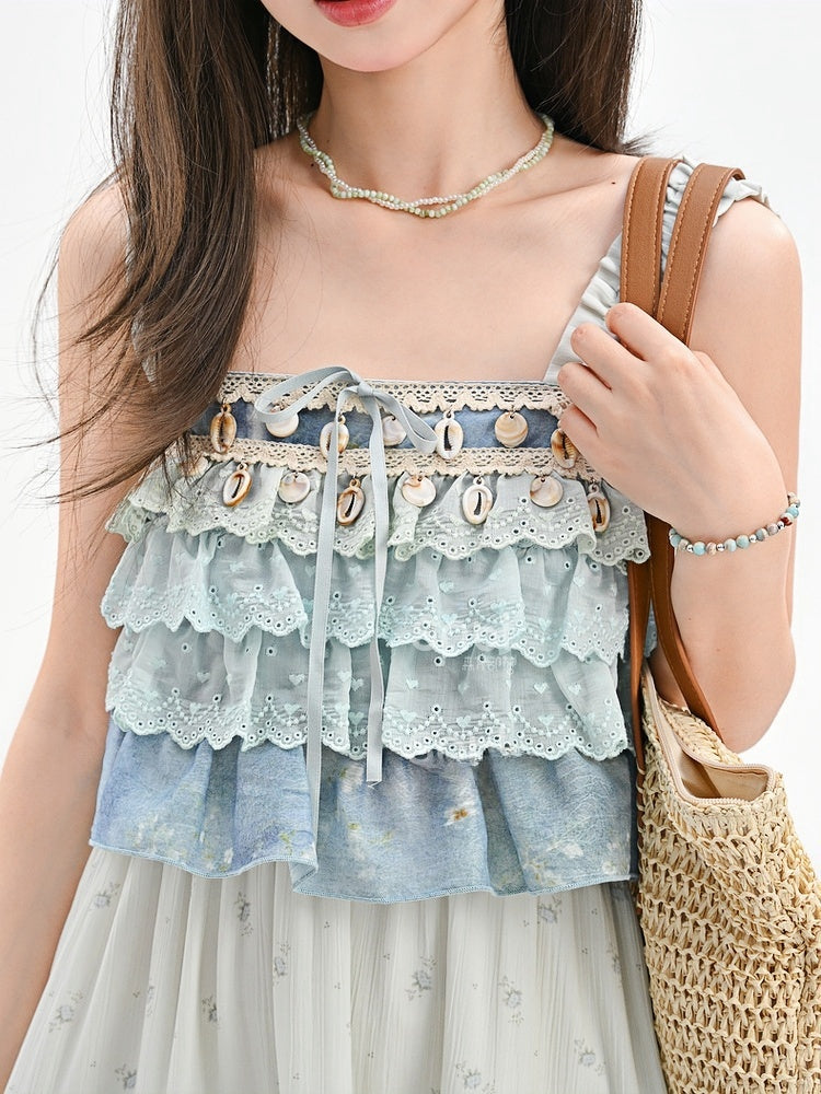 Sleeveless Top Shell Charm Tiered Ruffles Blue