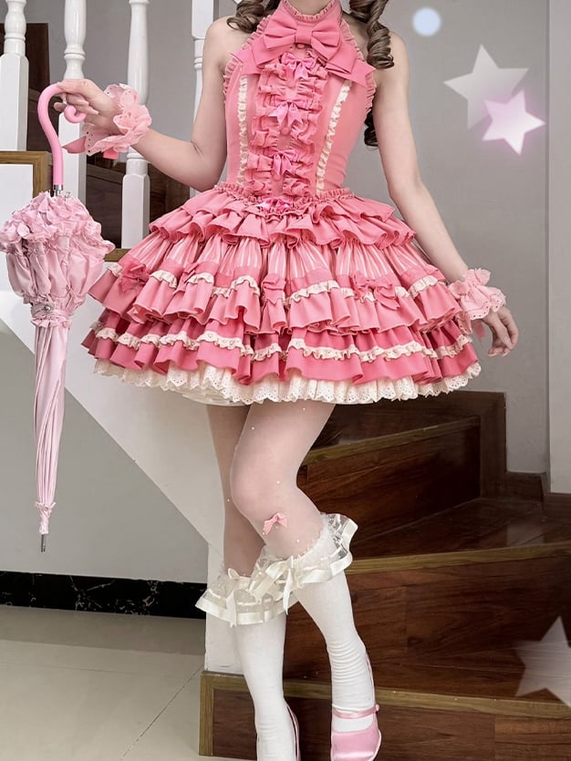 Sweet Bow Dress Ruffle Accents Lolita Pink Tiered Halter Rose Neck Skirt Idol
