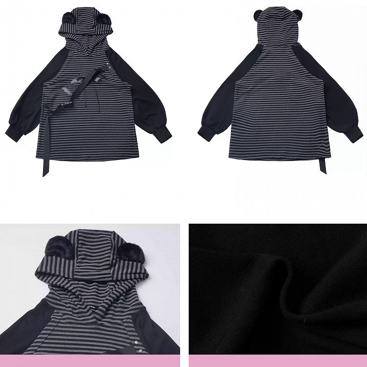 Sweat à capuche rayé noir et gris en PU avec boucle de chauve-souris et oreilles d'ours