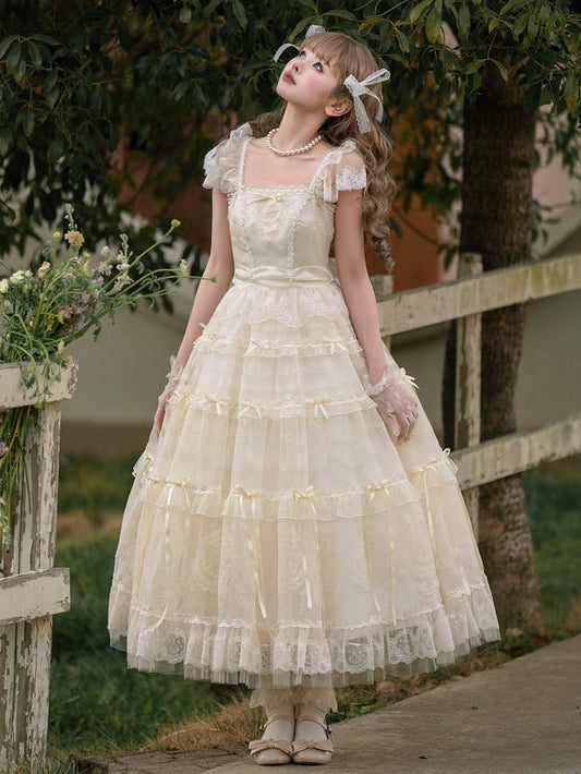 Beads Bow Creamy Princess Accents White Neckline Ribbon Dress Lolita