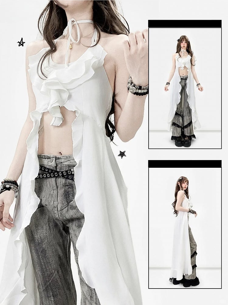 White Halter Design Neck Holiday High-low Top