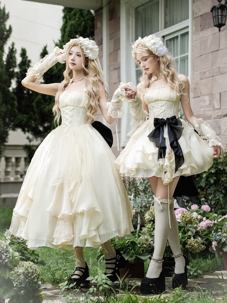 Boned Dress Skirt Cascading Beige Ruffle Classic Version Short Basque Set Waist Lolita Full
