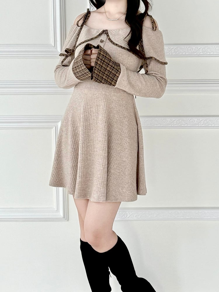 Plaid Light Detail with - Knit Jirai Heart Cuffs Off-the-Shoulder Button Kei Brown Dress