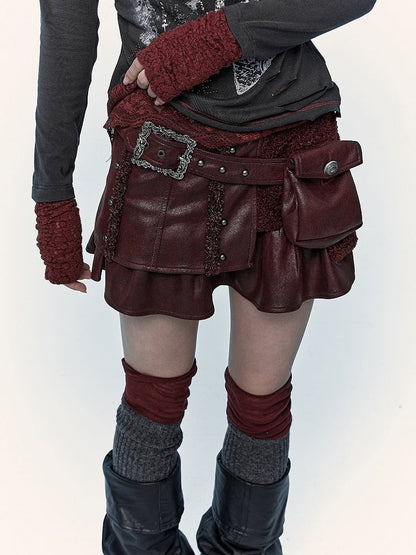 Wine Red Skirt with Buckle Belt