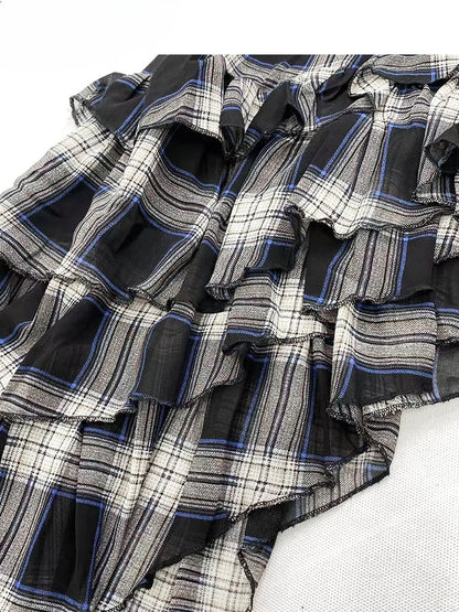 Vintage Black and White Plaid Asymmetrical Hem Glamorous High Waist Tiered Skirt