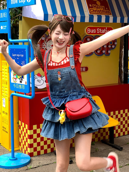 Overalls Lined Blue Tiered Ruffles Distressed Denim Design