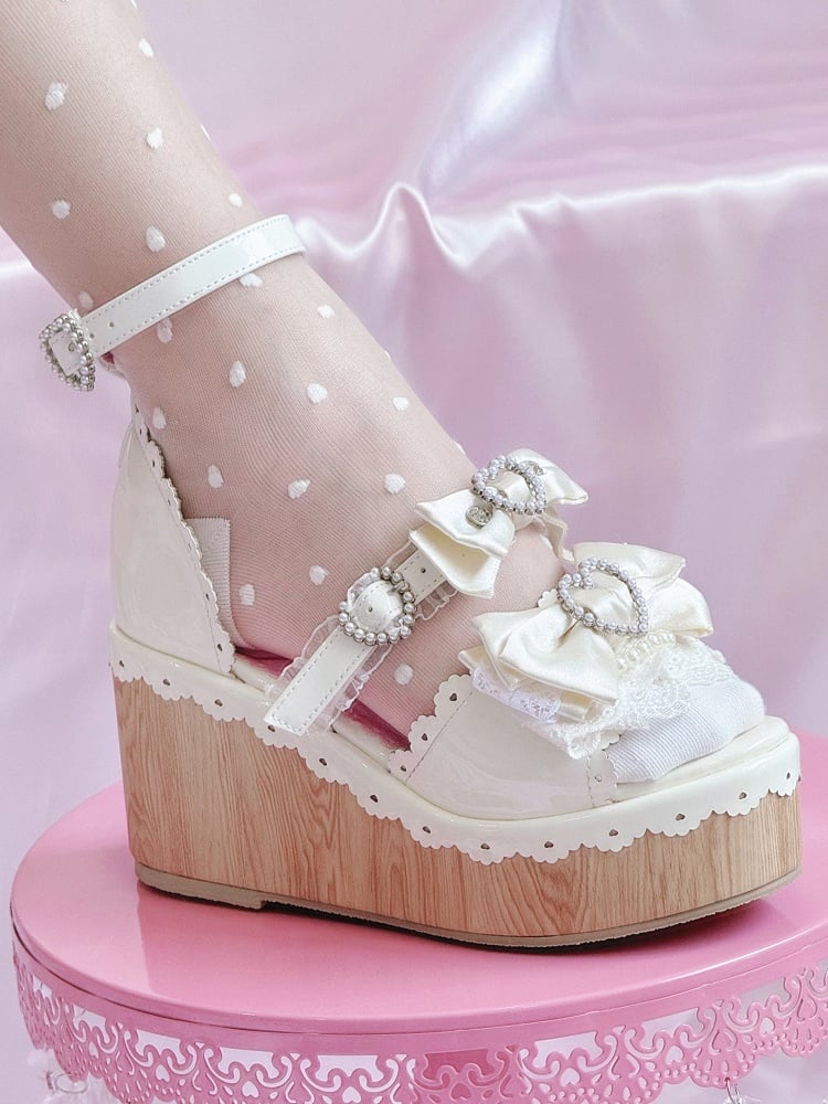 Sandals - Lolita White Heart Platform Beaded Buckles Old School
