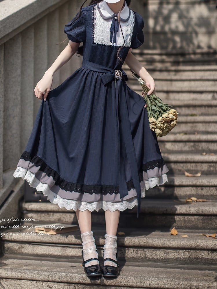 Blue Navy Piece Peter Pan Collar and Puff Sleeves Pattern Classic Plaid Lolita One with Elegant in
