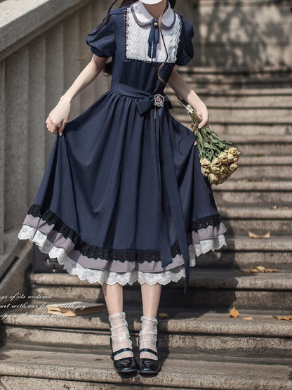 Blue Navy Piece Peter Pan Collar and Puff Sleeves Pattern Classic Plaid Lolita One with Elegant in