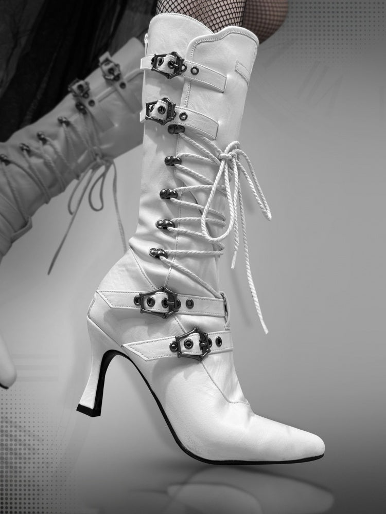 Gothic White Lace-up Detail Pointed Toe Punk Boots