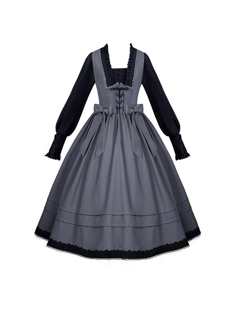 Black and Gray Elegant Square Neckline Spring Long Bishop Sleeves Lolita Dress