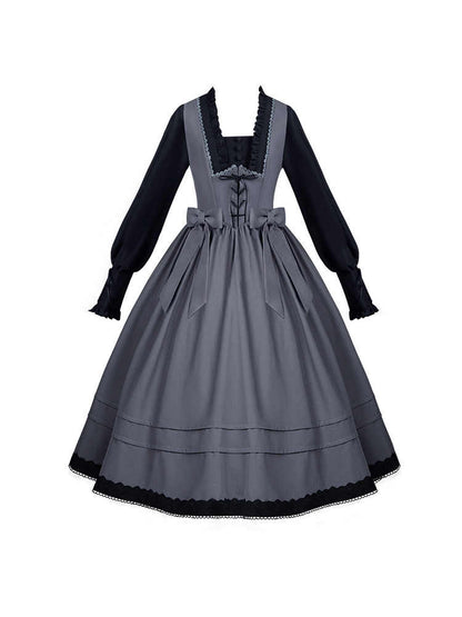 Black and Gray Elegant Square Neckline Spring Long Bishop Sleeves Lolita Dress