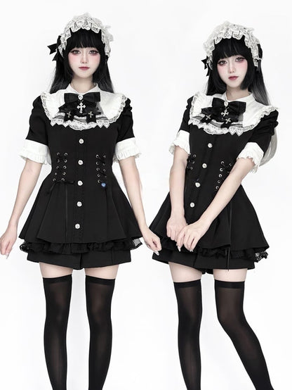 with Style Short Jirai - Sleeve and Bib Kei White Dress Tie Set Black Nun Bow