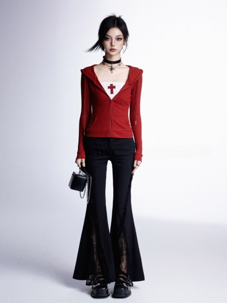 Lace Patches Cuffs Hem Glamorous Waist Raw Black Low Flared Pants