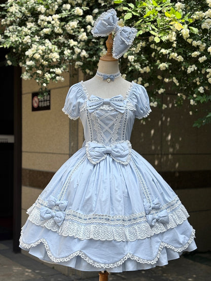and Short Piece Blue One Neckline Puff Old Lolita School Sleeves Cotton Dress Square
