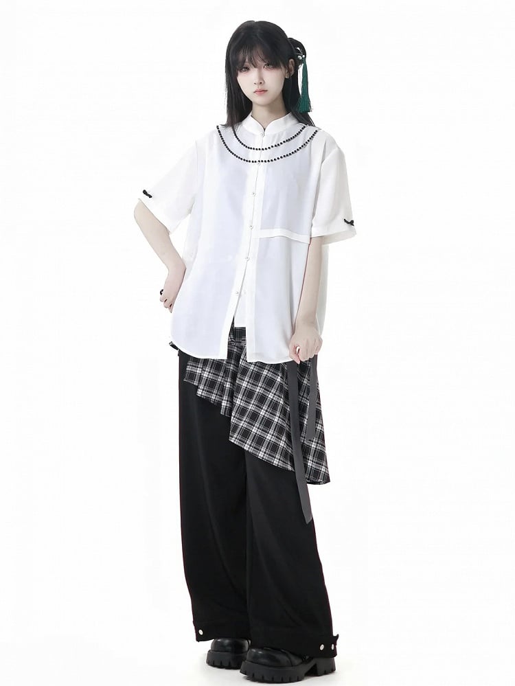 Plaid Skirt with Self-Tie Strap Black and White Asymmetrical Flounce Hem