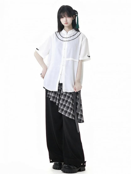 Plaid Skirt with Self-Tie Strap Black and White Asymmetrical Flounce Hem