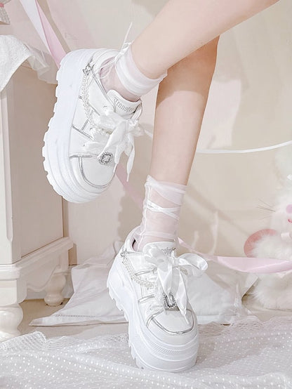 Jirai Kei White Rhinestone Platform Shoes with Detachable Beaded Chain
