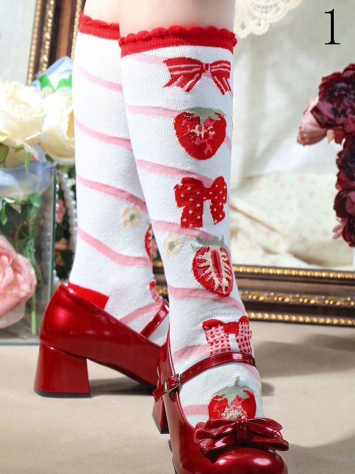 Cream Cuff socks Pattern Polka-dot Ruffled Calf Lolita Ice Strawberry