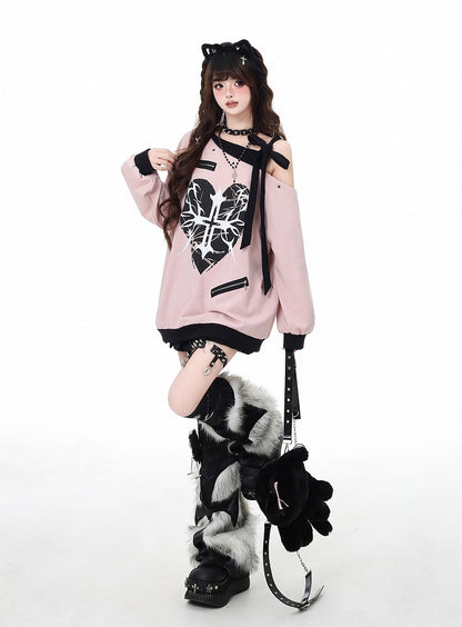 Pink Asymmetrical Neckline Self-tie Strap Heart and Cross Sweatshirt