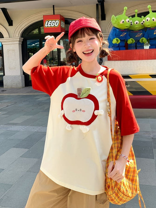 Red  White Colorblock Design T-Shirt Apple