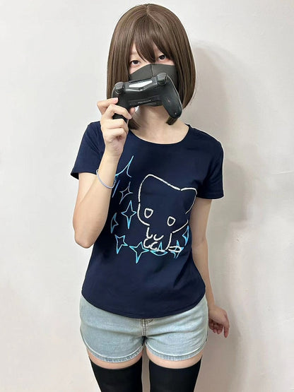 Round Star Blue Neck Cat T-shirt Dark Kei Jirai Print And