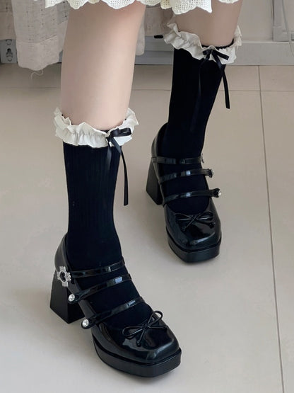 Grey Sweet Bowknot Ruffled Cuff Calf Socks
