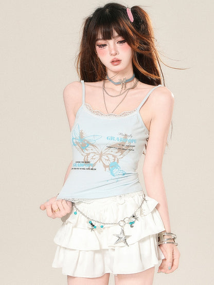 Glamorous Cami And Butterfly Lace Letter Print Top Trim Blue