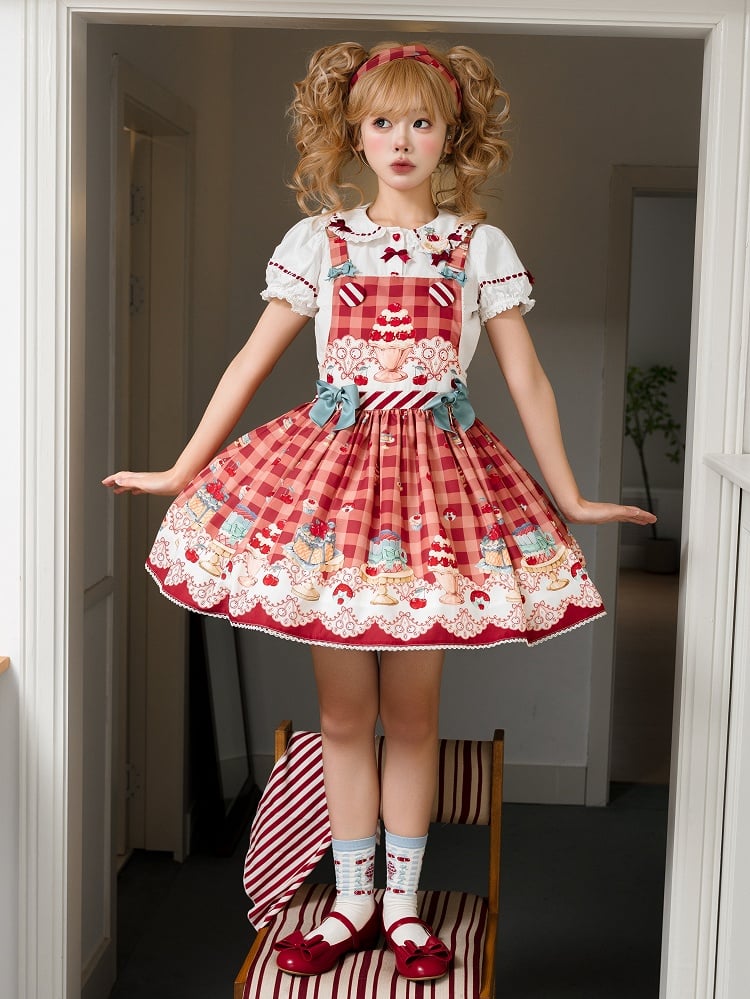 Robe salopette Sweet Lolita rouge cerise et dessert